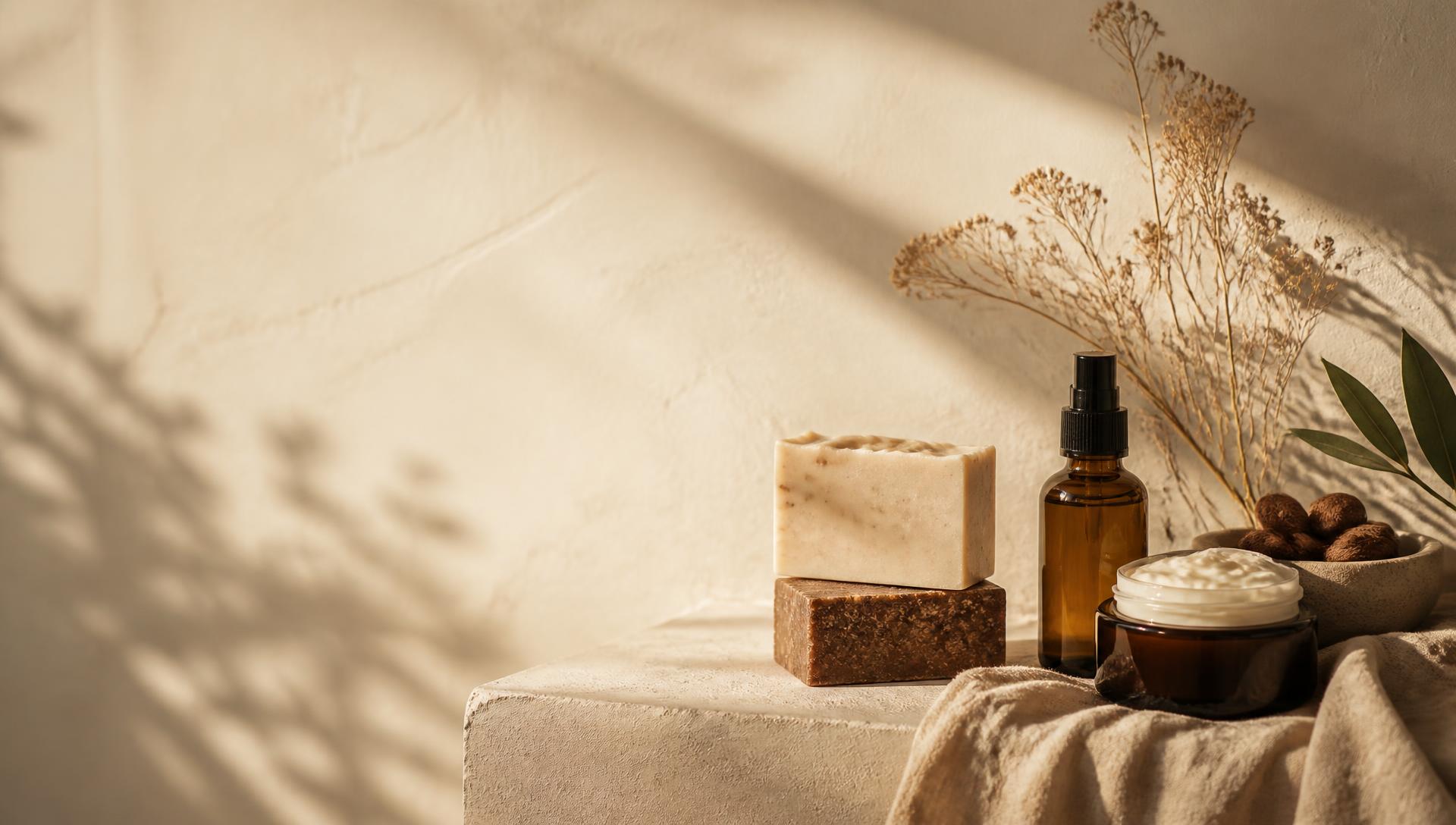 Handcrafted soap bars resting on a linen cloth beside botanicals