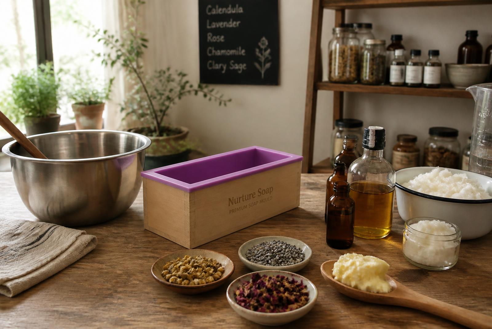 Soap being hand-poured into wooden moulds in a home workshop